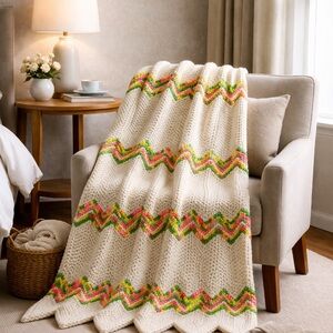 Neutral Chevron Knit Throw Blanket with Pink & Green Accents